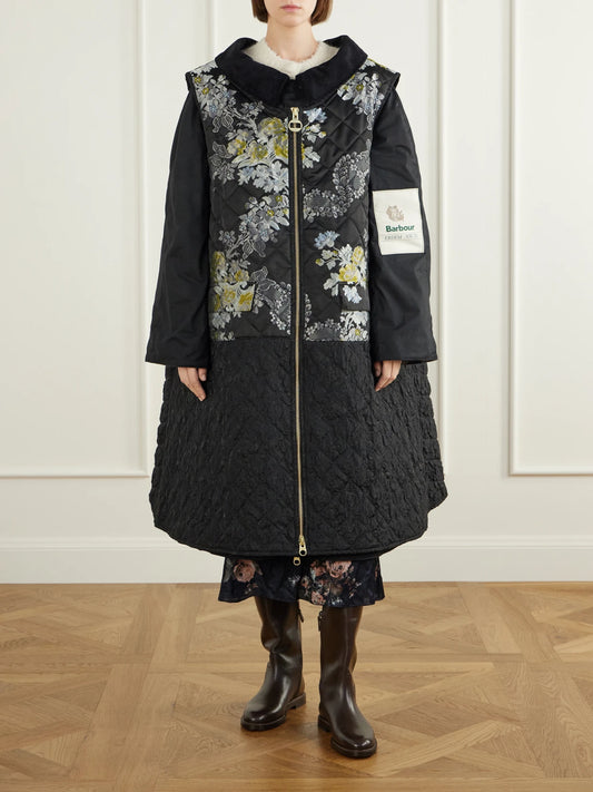Image of Coats & Jackets. Product name - + Barbour Embellished Waxed Cotton-jacquard Coat in Black colour by brand - Erdem