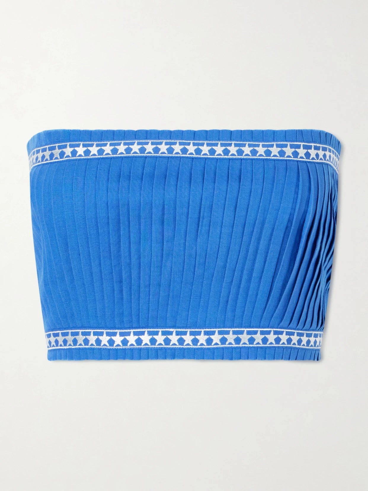 Image of a model wearing Tops. Product name - Flavia Pleated Linen And Cotton-blend Top in Blue colour by brand - Emporio Sirenuse