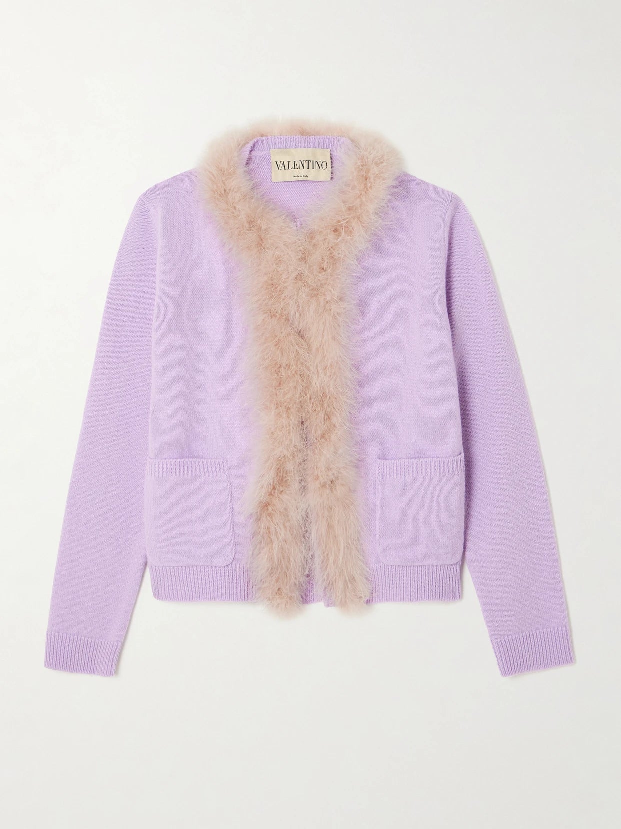 Image of a model wearing Outerwear. Product name - Feather-trimmed Wool Cardigan in Purple colour by brand - Valentino Garavani