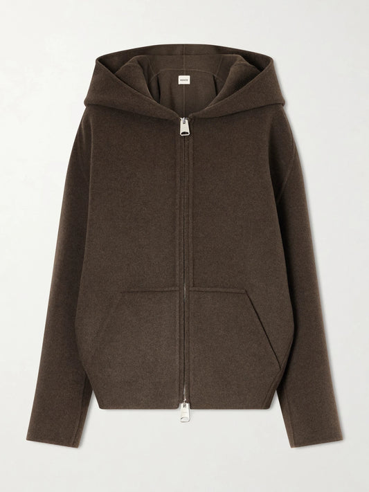 Image of Coats & Jackets. Product name - Dolem Hooded Wool Zip-up Jacket in Army green colour by brand - KHAITE