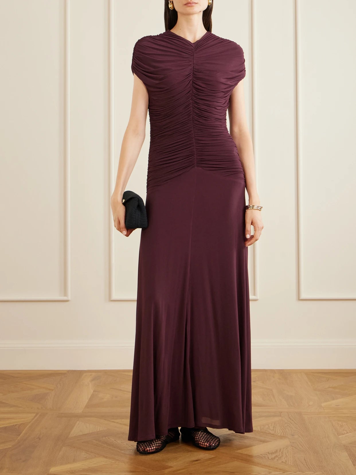 Image of Dresses. Product name - Avita Ruched Maxi Dress in Burgundy colour by brand - TOVE