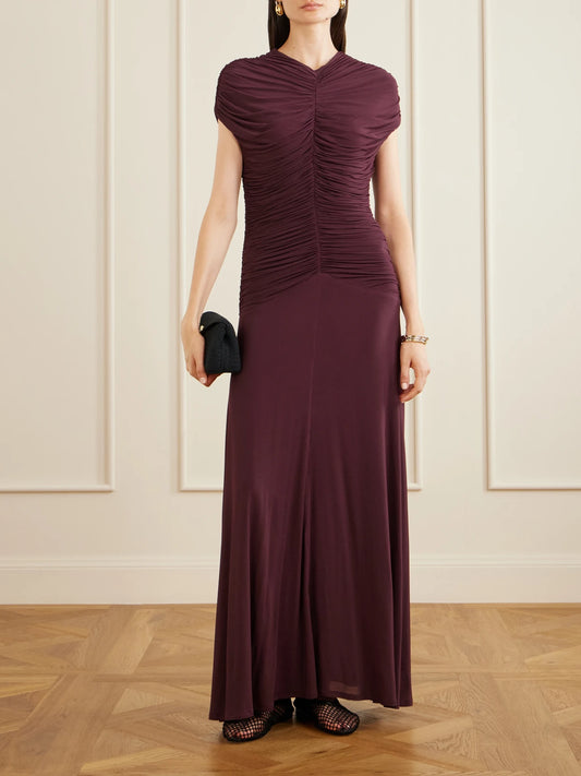 Image of Dresses. Product name - Avita Ruched Maxi Dress in Burgundy colour by brand - TOVE
