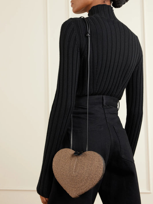 Image of Bags. Product name - Le Caur Leather-trimmed Raffia Shoulder Bag in Light brown colour by brand - Alaïa
