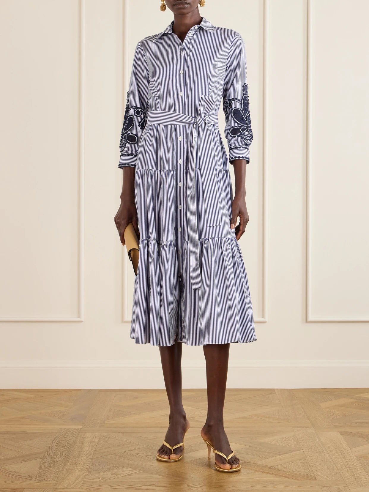 Image of Dresses. Product name - Belted Tiered Embroidered Striped Cotton-poplin Midi Dress in Blue colour by brand - Carolina Herrera