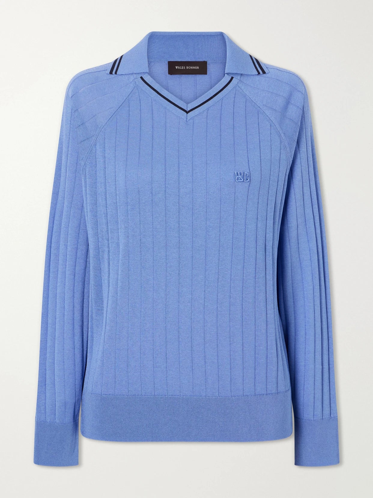 Image of a model wearing Outerwear. Product name - Roots Logo-embroidered Striped Polo Shirt in Blue colour by brand - Wales Bonner