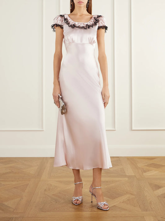 Image of Dresses. Product name - Ruffled Lace-trimmed Satin Midi Dress in Baby pink colour by brand - Rodarte