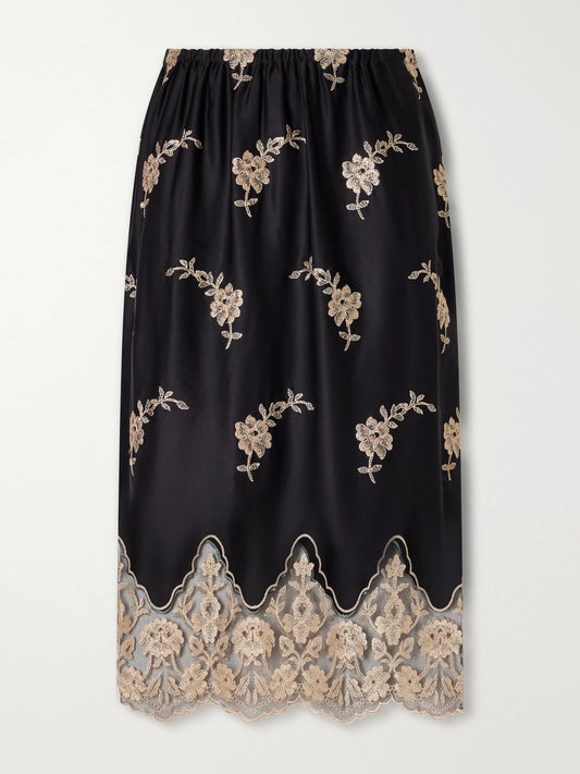 Loretta Caponi Lucinda Floral-embroidered Lace-trimmed Satin Midi Skirt