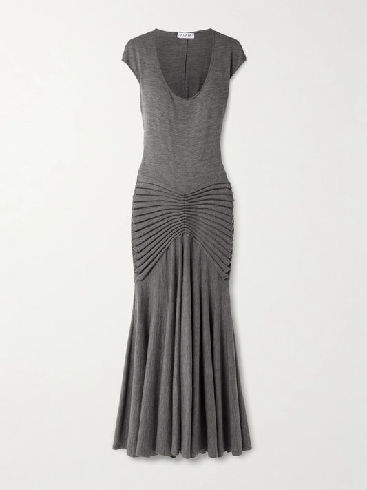 Image of Dresses. Product name - Pleated Wool Maxi Dress in Gray colour by brand - Alaïa