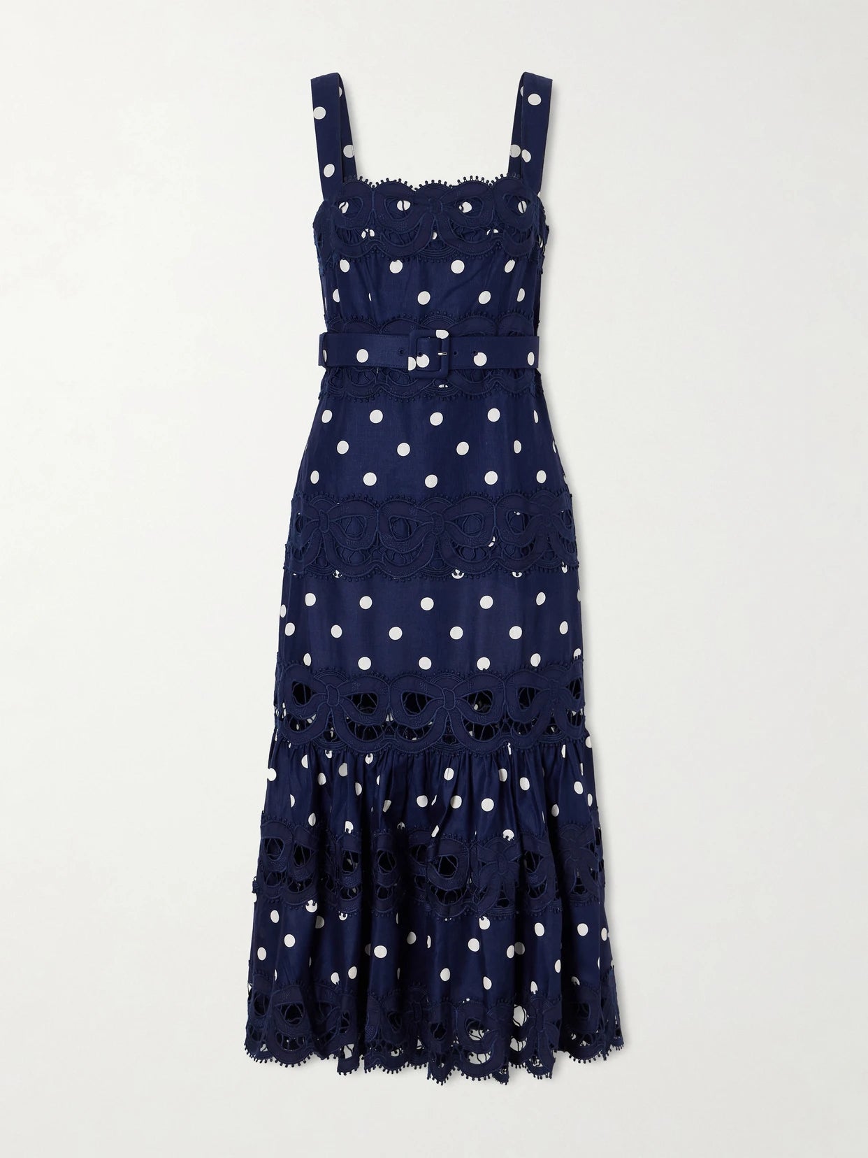 Image of Dresses. Product name - Belted Polka-dot Linen And Cotton-blend Midi Dress in Navy colour by brand - Self-Portrait