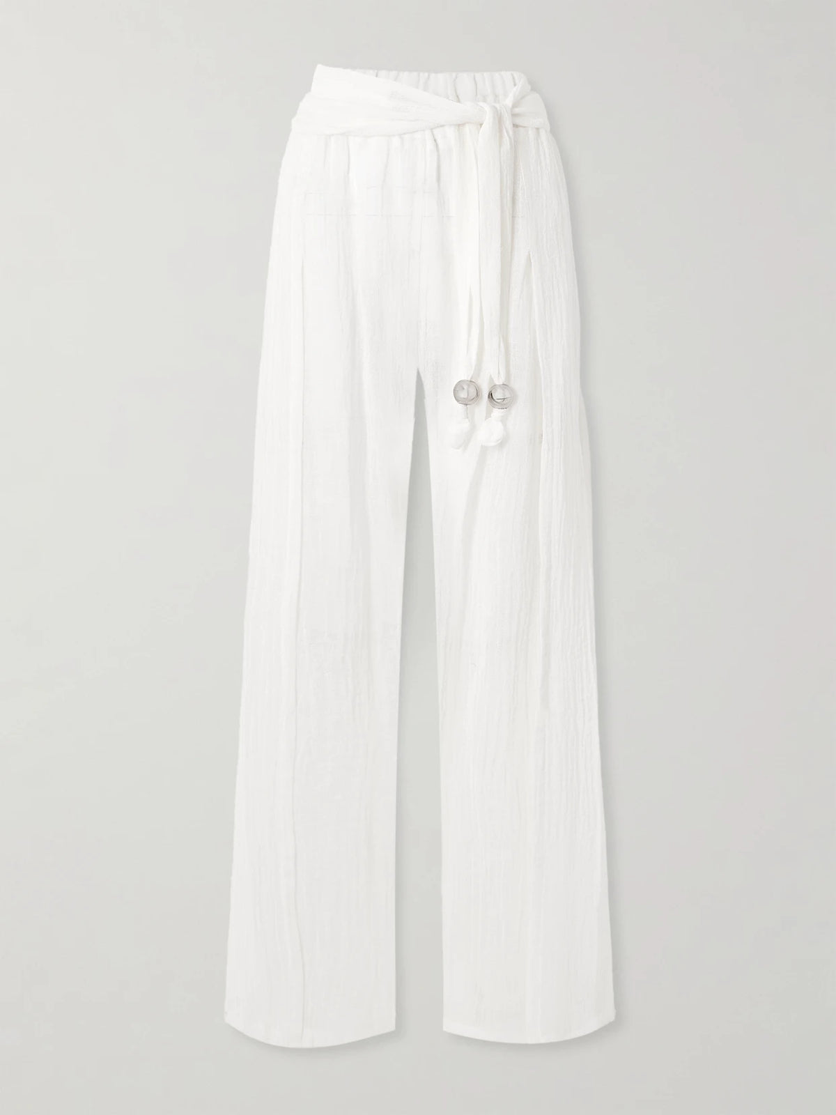 Embellished Belted Crinkled Linen-blend Gauze Wide-leg Pants