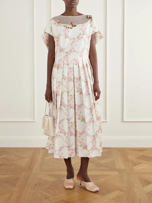 Image of Dresses. Product name - Bead-embellished Pleated Floral-printed Taffeta Midi Dress in Multi colour by brand - Simone Rocha