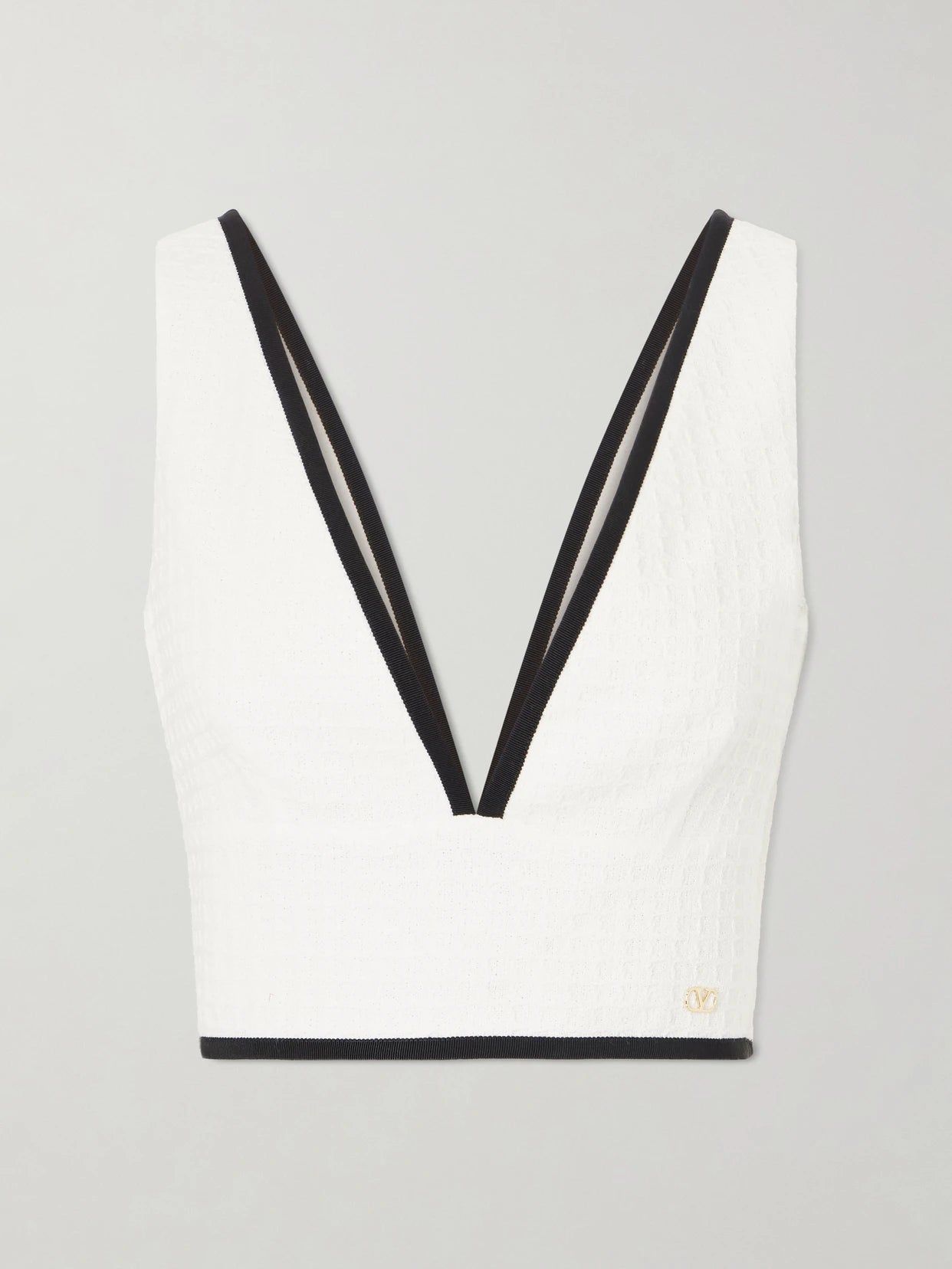 Image of a model wearing Tops. Product name - Canestrello Cropped Cotton-tweed Top in White colour by brand - Valentino Garavani