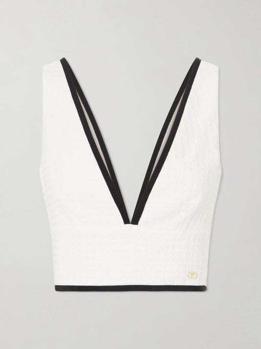 Image of a model wearing Tops. Product name - Canestrello Cropped Cotton-tweed Top in White colour by brand - Valentino Garavani