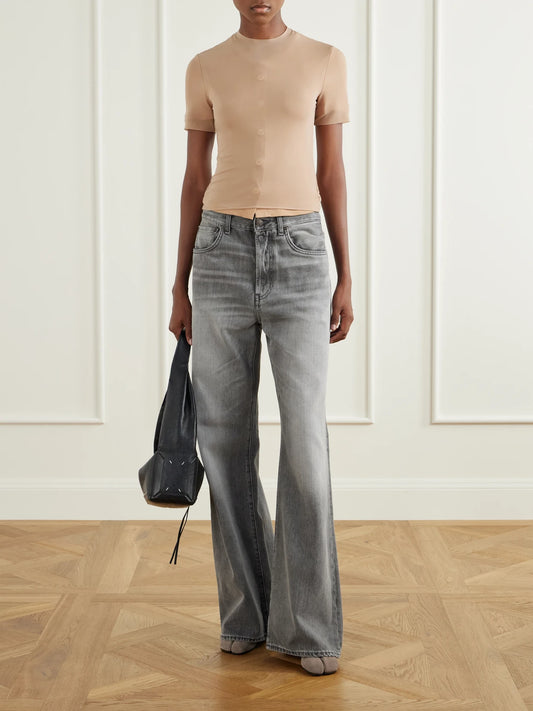 Image of a model wearing Tops. Product name - Fusion Jersey T-shirt in Sand colour by brand - Maison Margiela