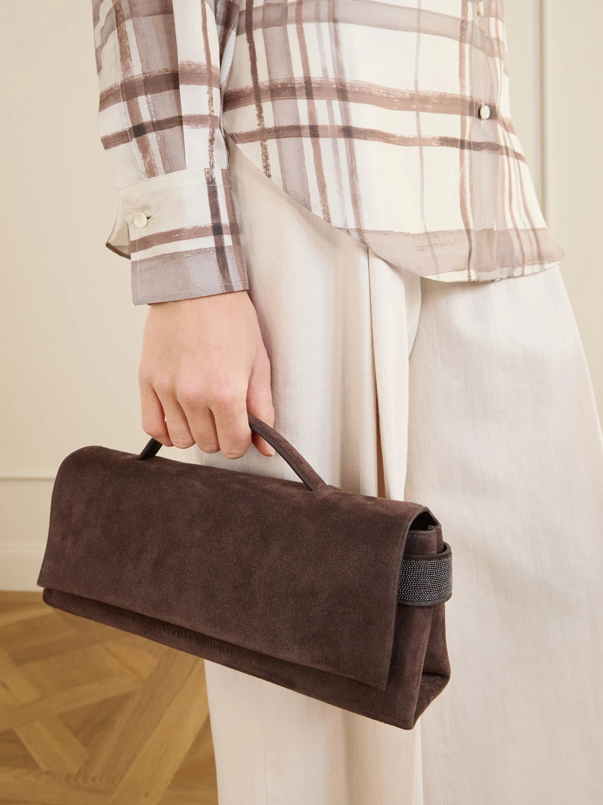 Image of Bags. Product name - Bead-detailed Suede Clutch in Chocolate colour by brand - Brunello Cucinelli
