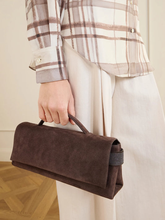 Image of Bags. Product name - Bead-detailed Suede Clutch in Chocolate colour by brand - Brunello Cucinelli