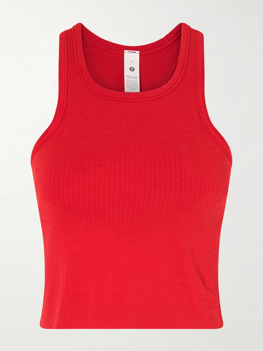 Image of a model wearing Tops. Product name - Ebb To Street Ribbed Jersey Tank in Red colour by brand - lululemon