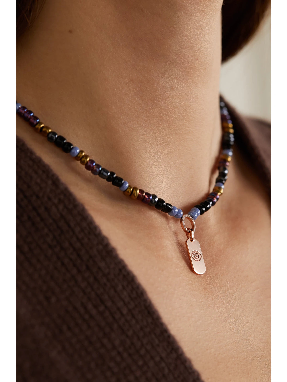 Image of Necklaces. Product name - Evil Eye 14-karat Rose Gold, Bead And Diamond Necklace in Purple colour by brand - Diane Kordas