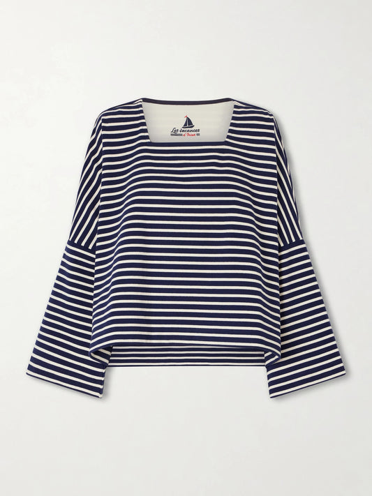 Image of a model wearing Tops. Product name - Mariniere Striped Cotton-jersey Shirt in Blue colour by brand - Les Vacances D'Irina