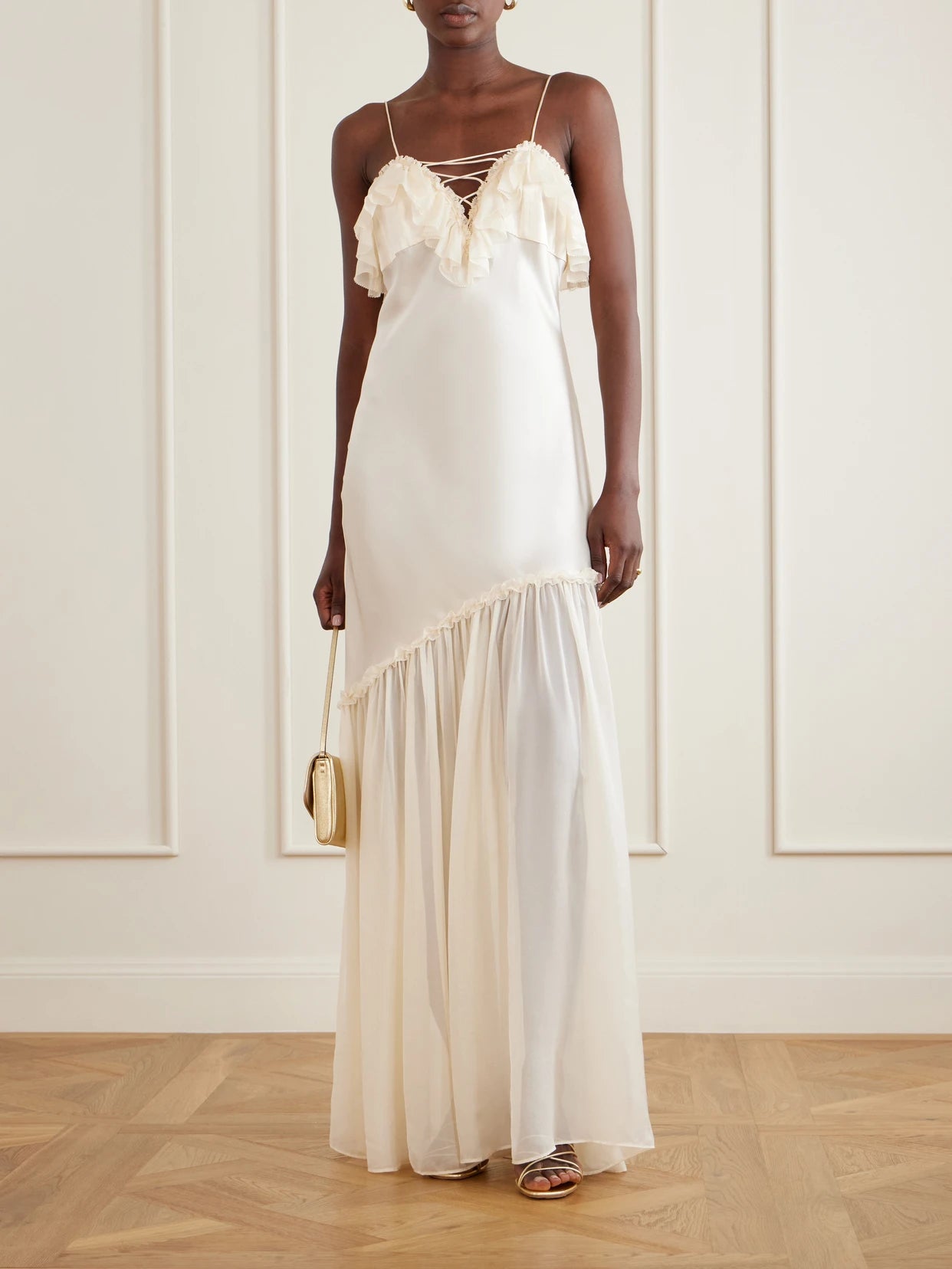Image of Dresses. Product name - Elaria Ruched Silk Maxi Dress in Ivory colour by brand - Ulla Johnson