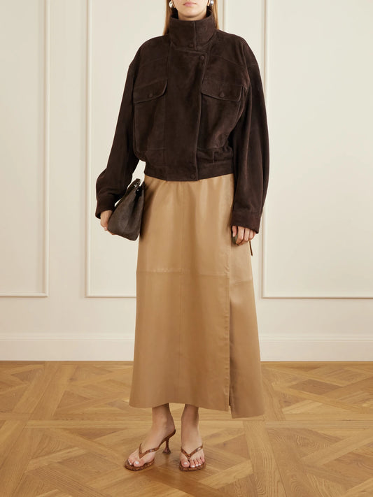 Image of Coats & Jackets. Product name - Quincy Cropped Paneled Suede Bomber Jacket in Chocolate colour by brand - Nour Hammour