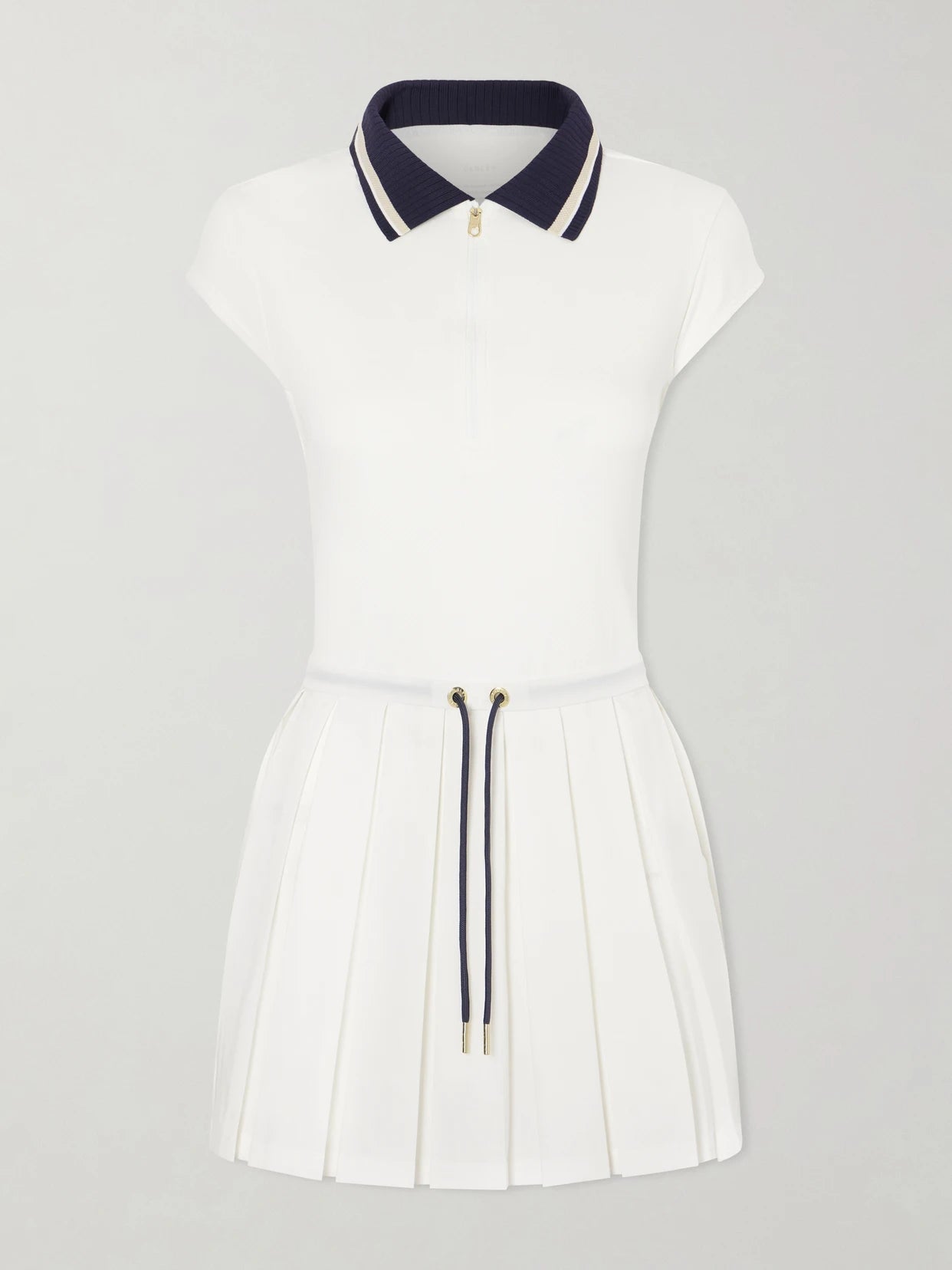 Image of a model wearing Tops. Product name - Nico Pleated Pointelle-jersey Dress in White colour by brand - Varley