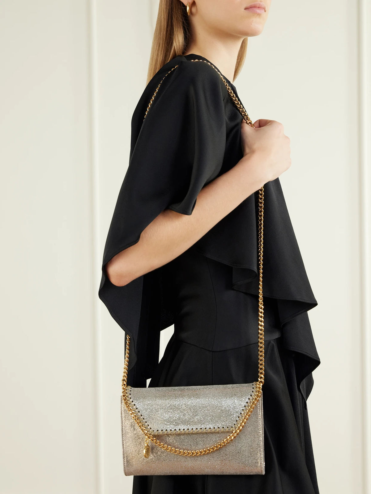 Image of Bags. Product name - Falabella Mini Metallic Vegetarian Material Shoulder Bag in Silver colour by brand - Stella McCartney