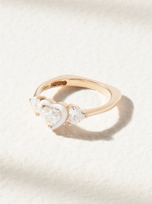 Trio Heart 18-karat Rose Gold, Diamond And Enamel Pinky Ring
