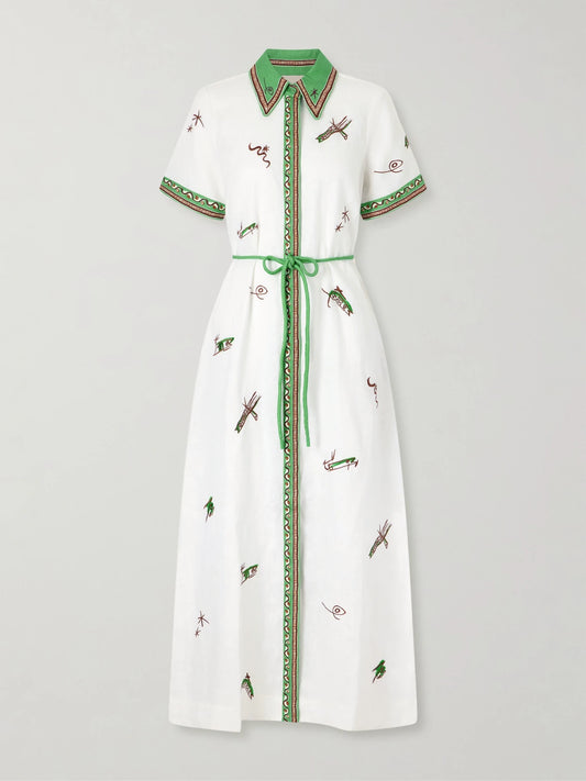 Image of Dresses. Product name - Wanda Belted Embroidered Linen Midi Shirt Dress in Ivory colour by brand - ALÉMAIS