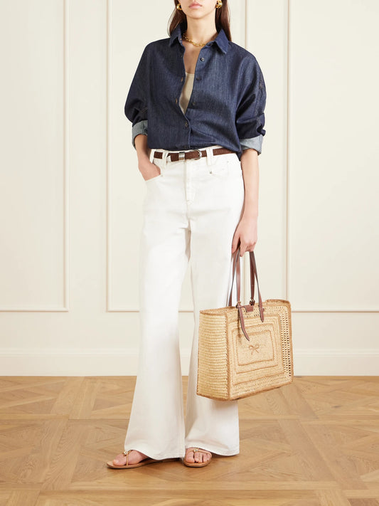Bow Leather-trimmed Raffia Tote