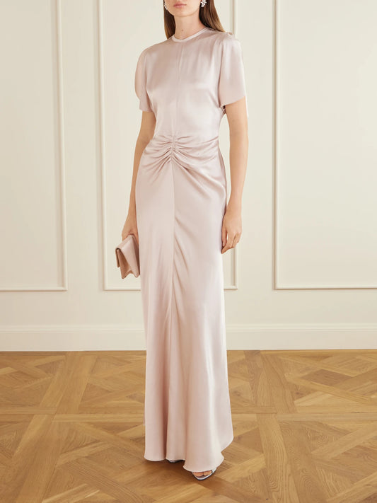Image of Dresses. Product name - Isabella Ruched Satin Maxi Dress in Pink colour by brand - Victoria Beckham