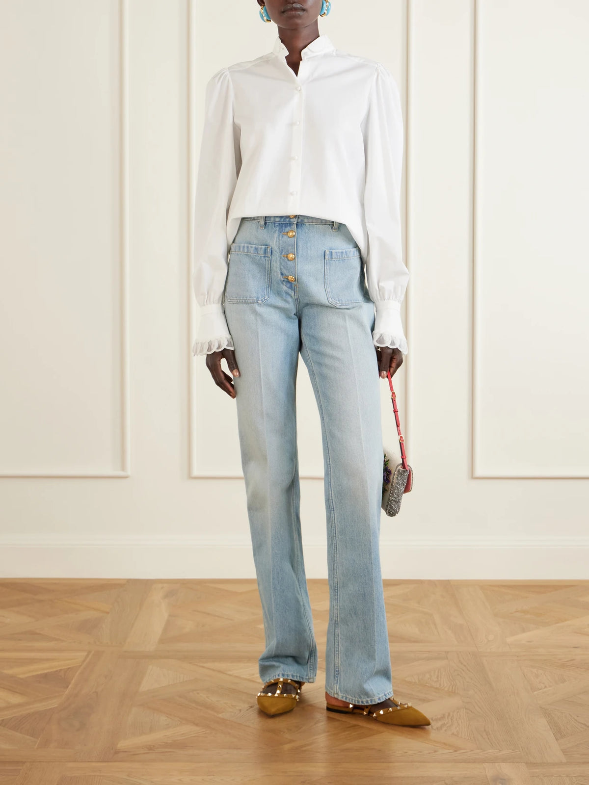 Image of Flats. Product name - Rockstud Suede Mule in Tan colour by brand - Valentino Garavani