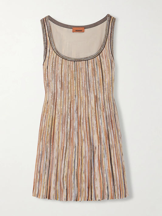 Image of Dresses. Product name - Striped Sequined Metallic Ribbed-knit Mini Dress in Brown colour by brand - Missoni