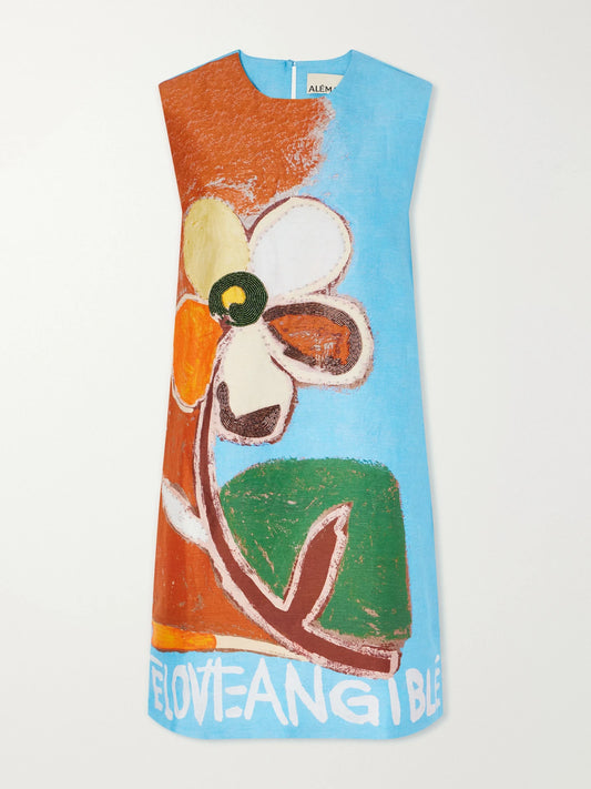 Image of Dresses. Product name - Lenny Embellished Printed Linen-blend Mini Dress in Blue colour by brand - ALÉMAIS
