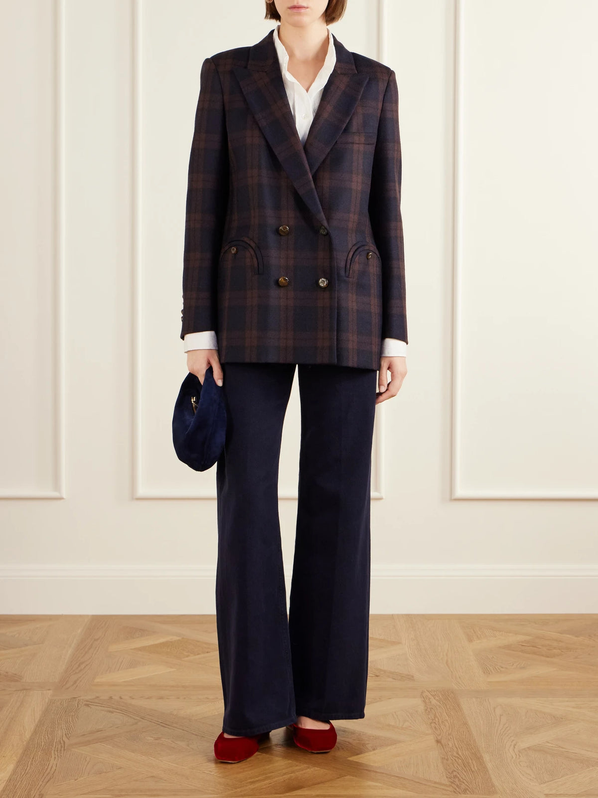 Image of Coats & Jackets. Product name - Everynight Checked Double-breasted Wool Blazer in Navy colour by brand - BLAZÉ Milano