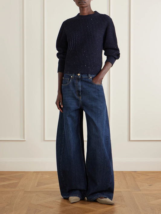 Image of Jeans. Product name - Mid-rise Wide-leg Jeans in Dark denim colour by brand - Brunello Cucinelli
