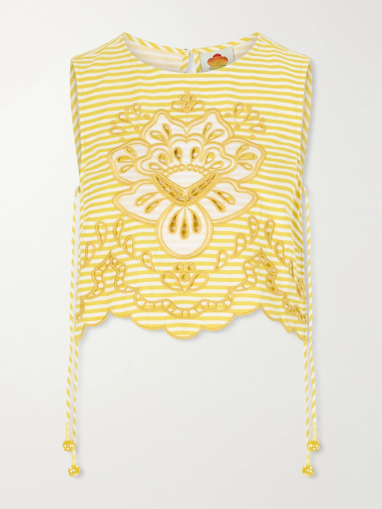 Cropped Striped Broderie Anglaise-trimmed Linen-blend Tank