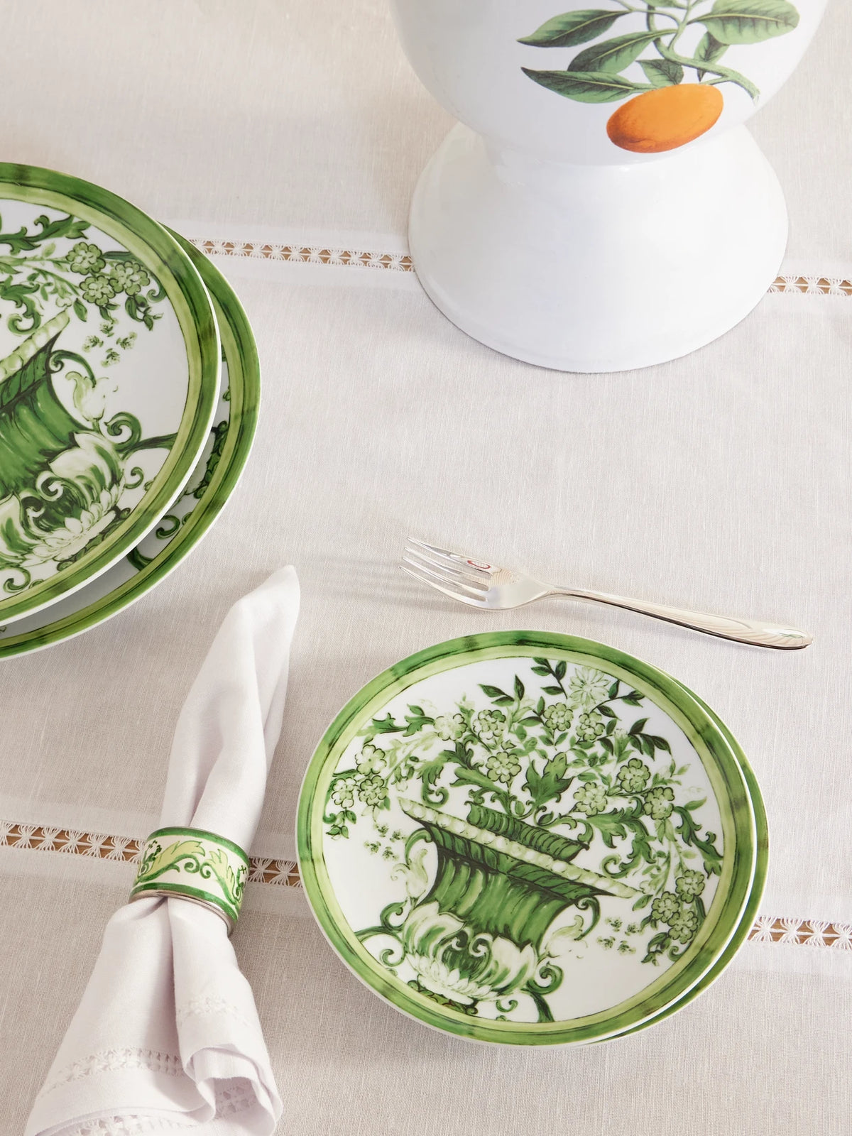 Image of Tableware. Product name - Set Of Two Painted Porcelain Bread Plates in Bright green colour by brand - Dolce & Gabbana