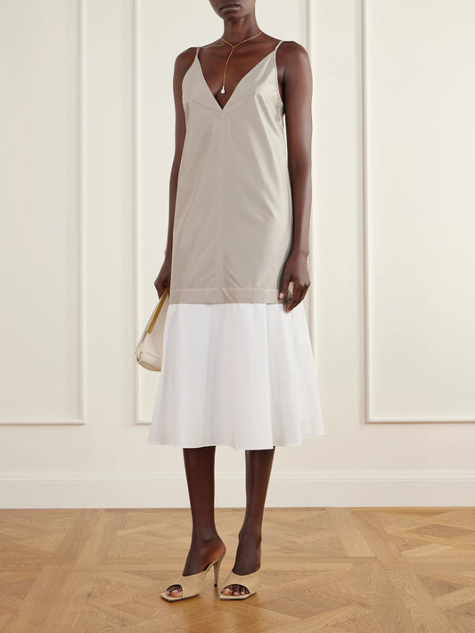 Image of Dresses. Product name - Paper Two-tone Cotton-poplin And Taffeta Midi Dress in Beige colour by brand - ST. AGNI