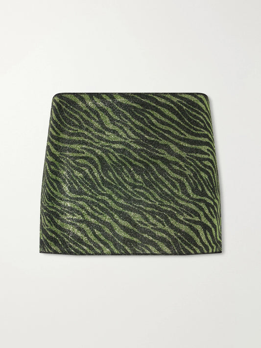 Image of a model wearing Skirts. Product name - Animalier Metallic Stretch-knit Mini Skirt in Dark green colour by brand - Oséree