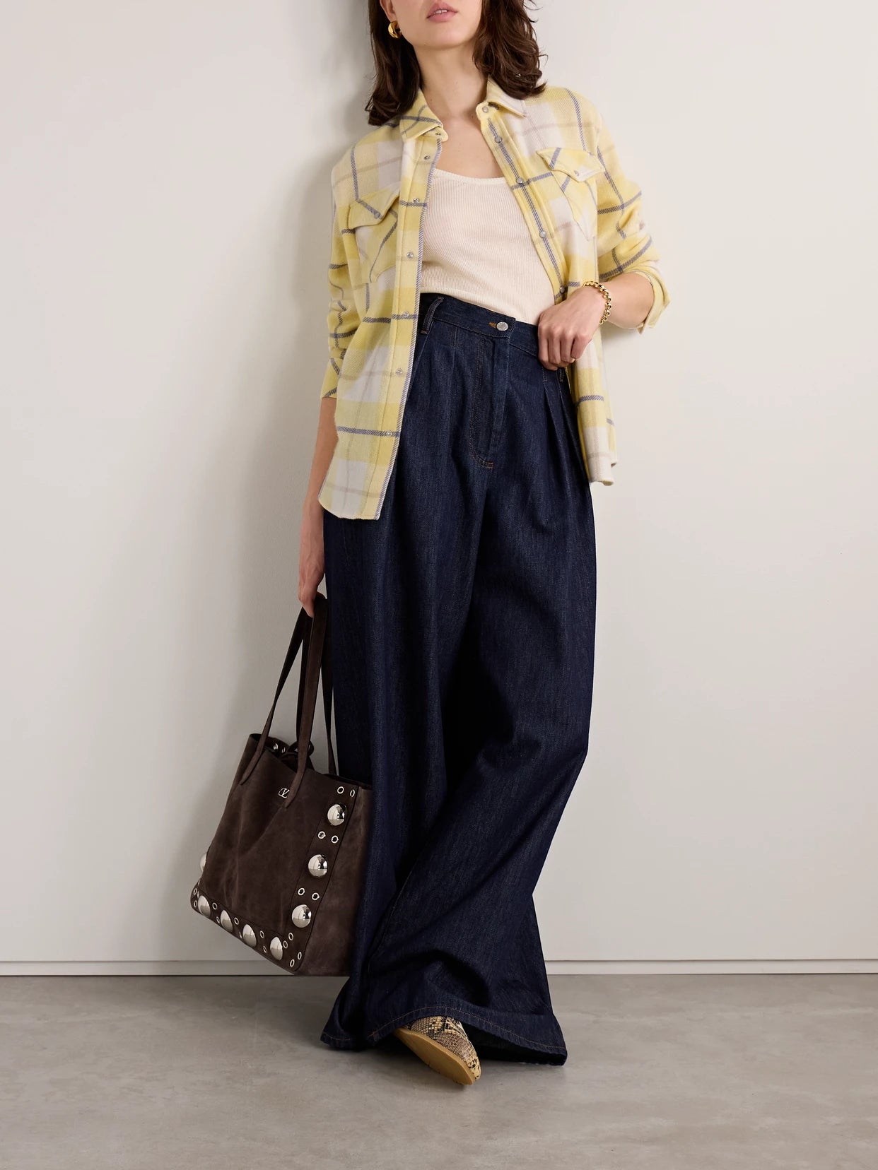 Image of a model wearing Outerwear. Product name - Dreamer Checked Cashmere Shirt in Yellow colour by brand - God's True Cashmere