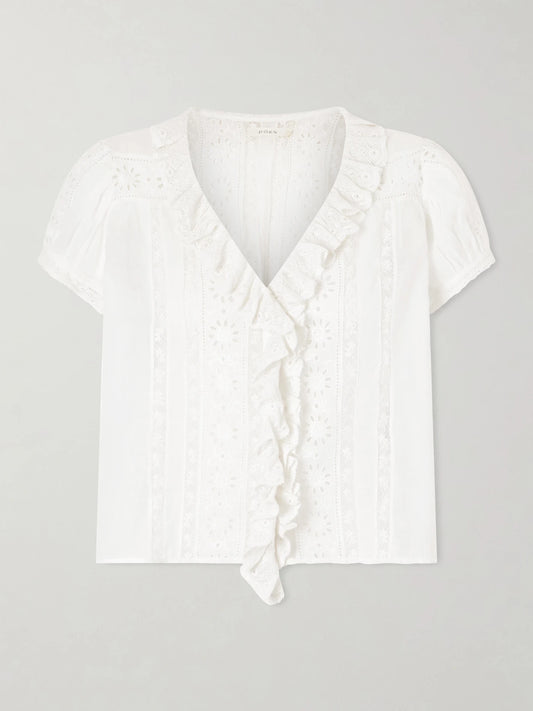 Clairette Cropped Ruffled Lace-trimmed Organic Cotton-voile Top