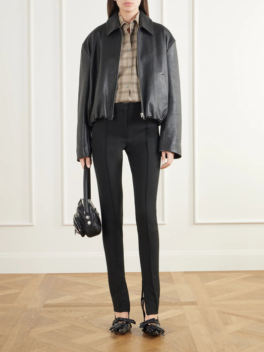 Image of Coats & Jackets. Product name - Cropped Gathered Logo-embossed Leather Bomber Jacket in Black colour by brand - Acne Studios