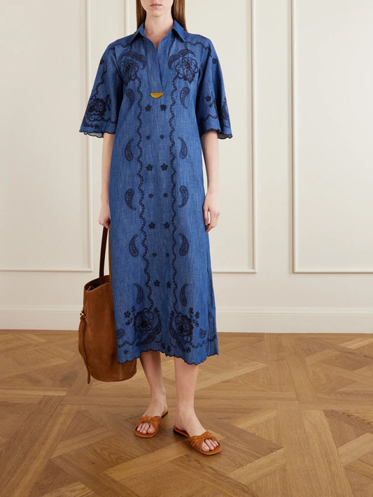 Image of Dresses. Product name - Aster Embroidered Denim Midi Dress in Blue colour by brand - Zimmermann