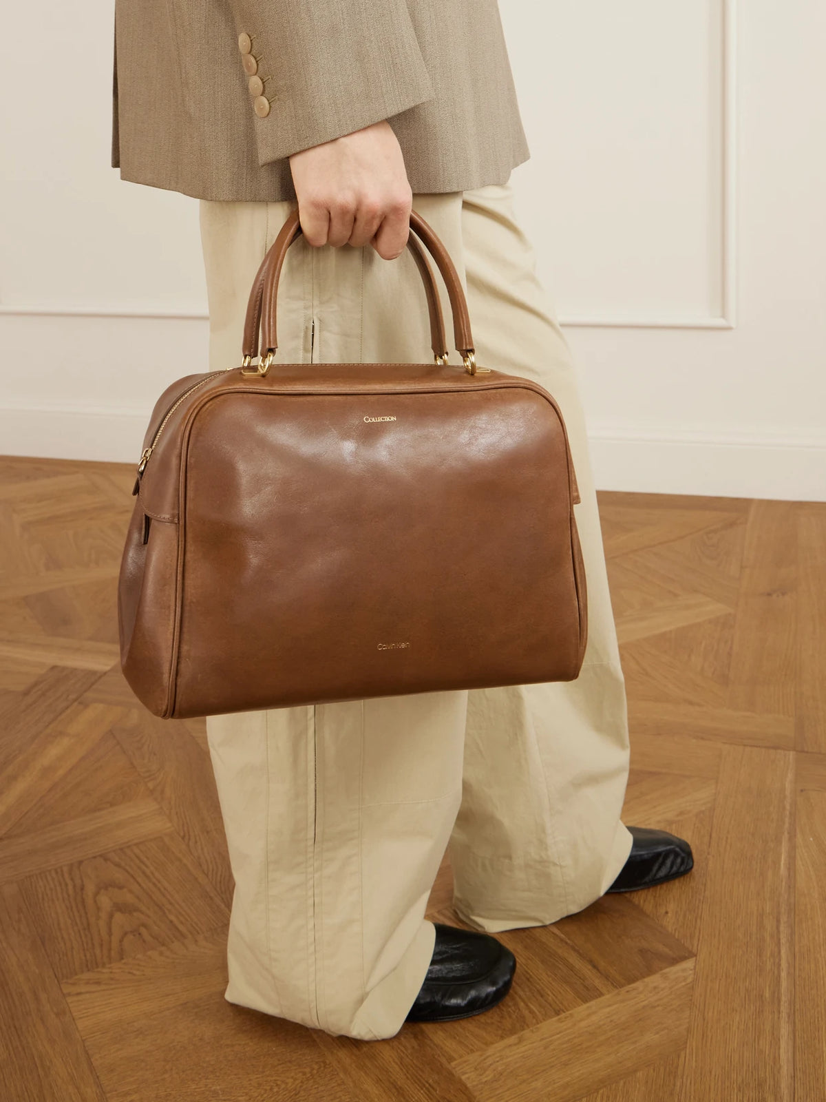 Image of Bags. Product name - America Leather Shoulder Bag in Tan colour by brand - Calvin Klein Collection