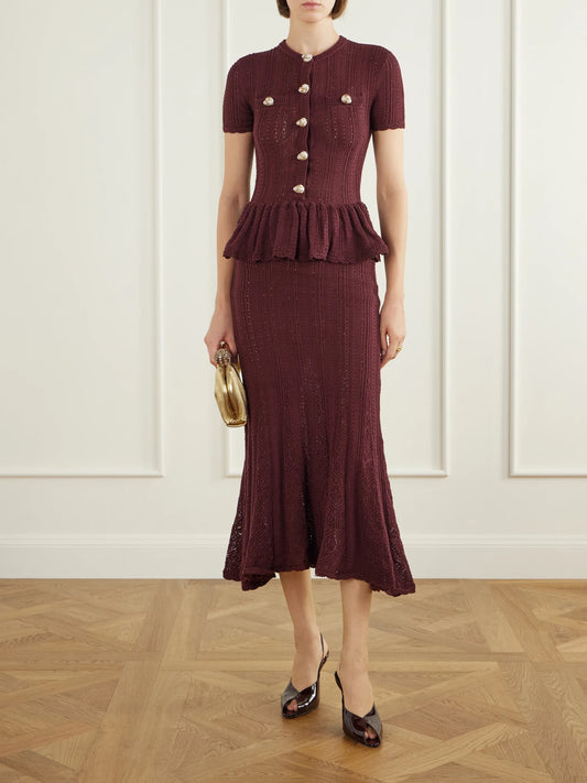 Image of Dresses. Product name - Button-embellished Peplum Cotton Midi Dress in Burgundy colour by brand - Self-Portrait