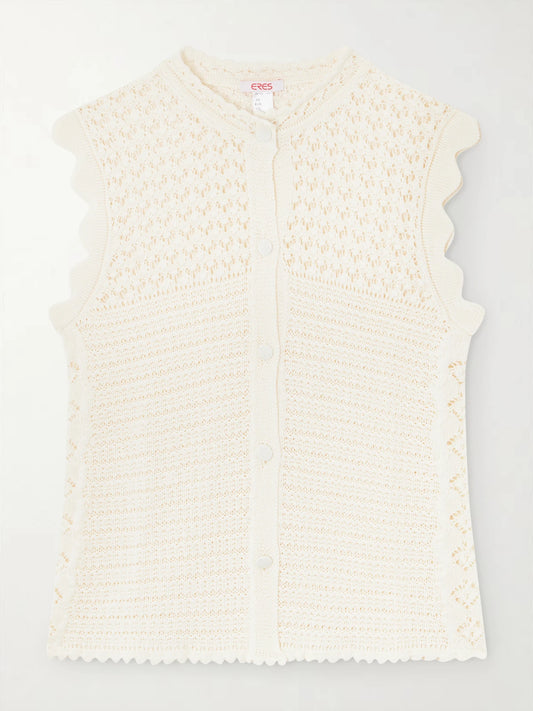 Image of a model wearing Tops. Product name - Aurora Crochet-knit Top in Ecru colour by brand - Eres