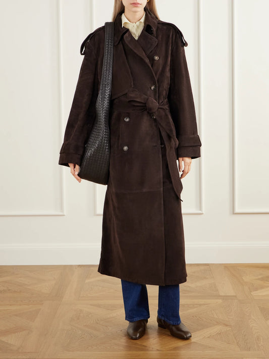 Image of Coats & Jackets. Product name - Sienna Paneled Suede Trench Coat in Dark brown colour by brand - Almada