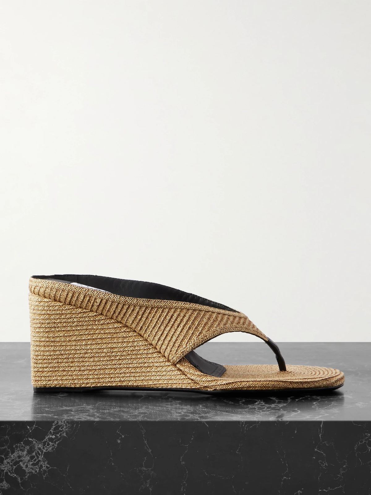 Leather-trimmed Woven Raffia Wedge Sandals