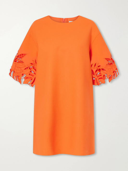 Image of Dresses. Product name - Embroidered Cut-out Wool-blend Mini Dress in Coral colour by brand - Oscar de la Renta
